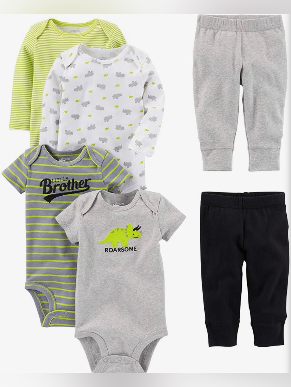 Boys’ 5-Pack Dino One-Pieces & Pants Set - Gray/Green